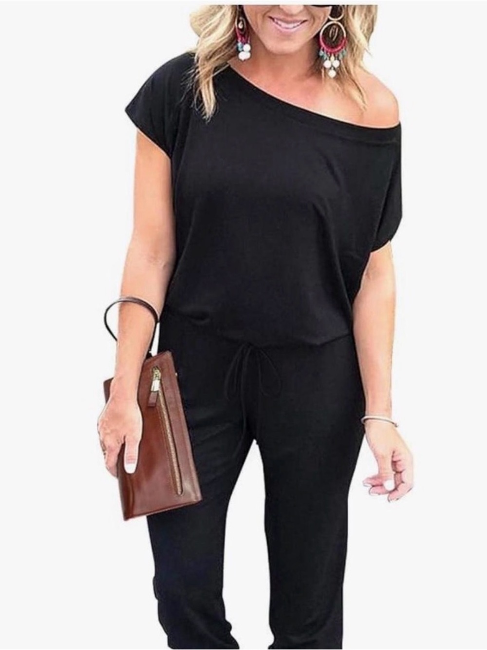 Derek Heart Black Off The Shoulder Jumpsuit drawstring Waist lounge Size XL